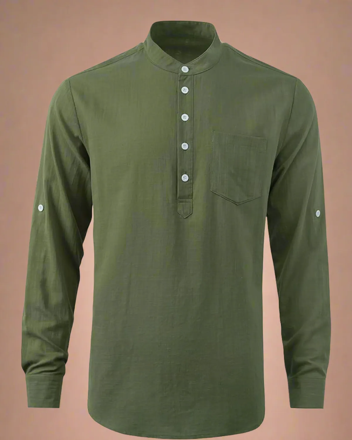 Men Long Sleeve Green Grandad Collar Shirt