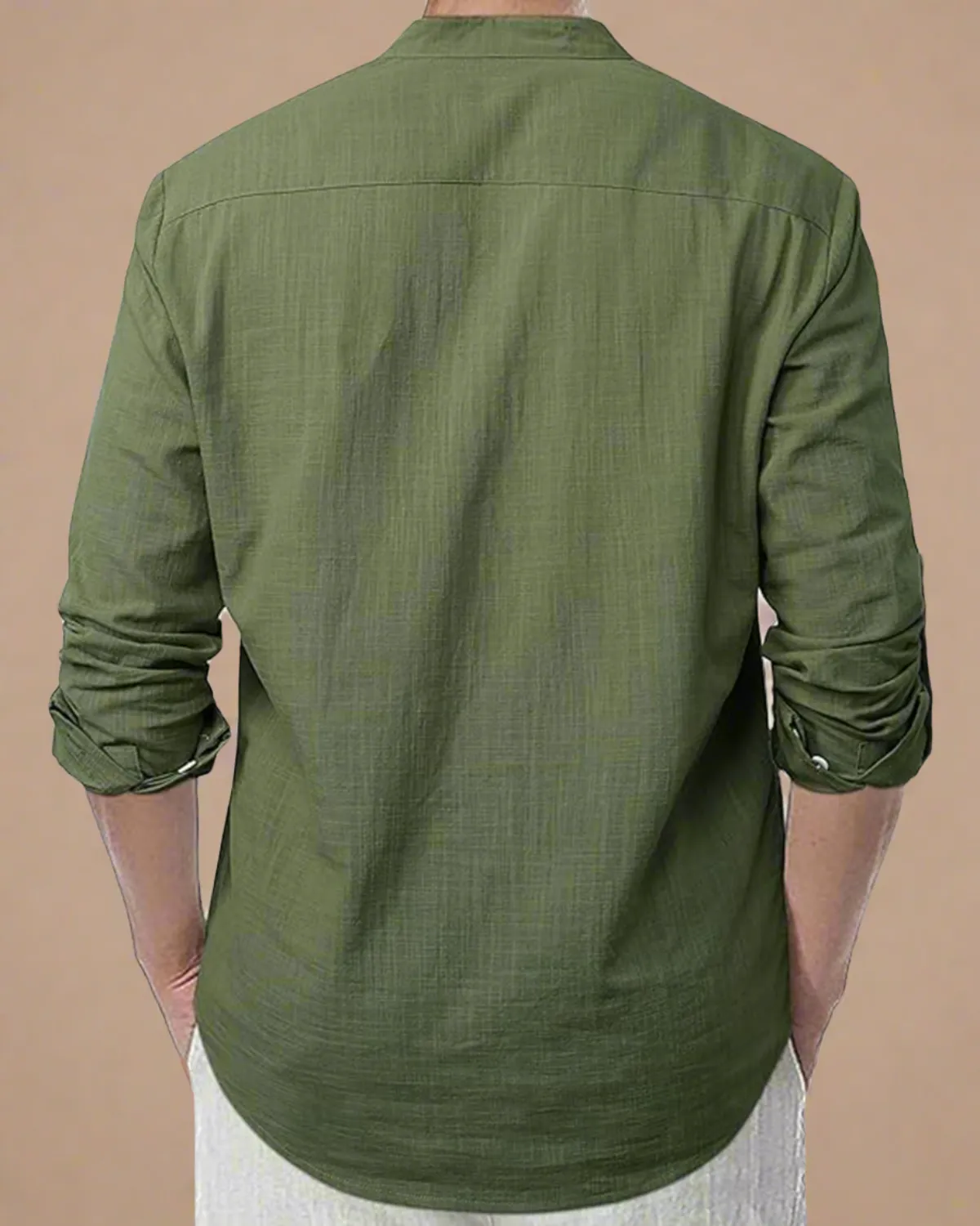 Men Long Sleeve Green Grandad Collar Shirt