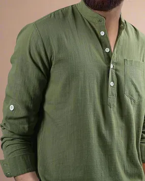 Men Long Sleeve Green Grandad Collar Shirt