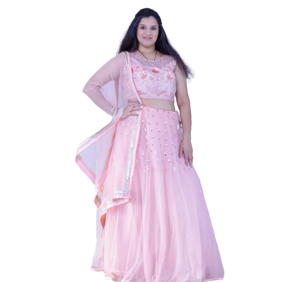 Mirror work embroidered lehenga choli set - Peach