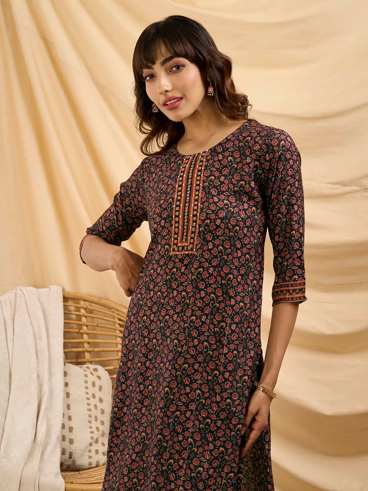 Odette Black Muslin Printed Stitched Kurta for Women