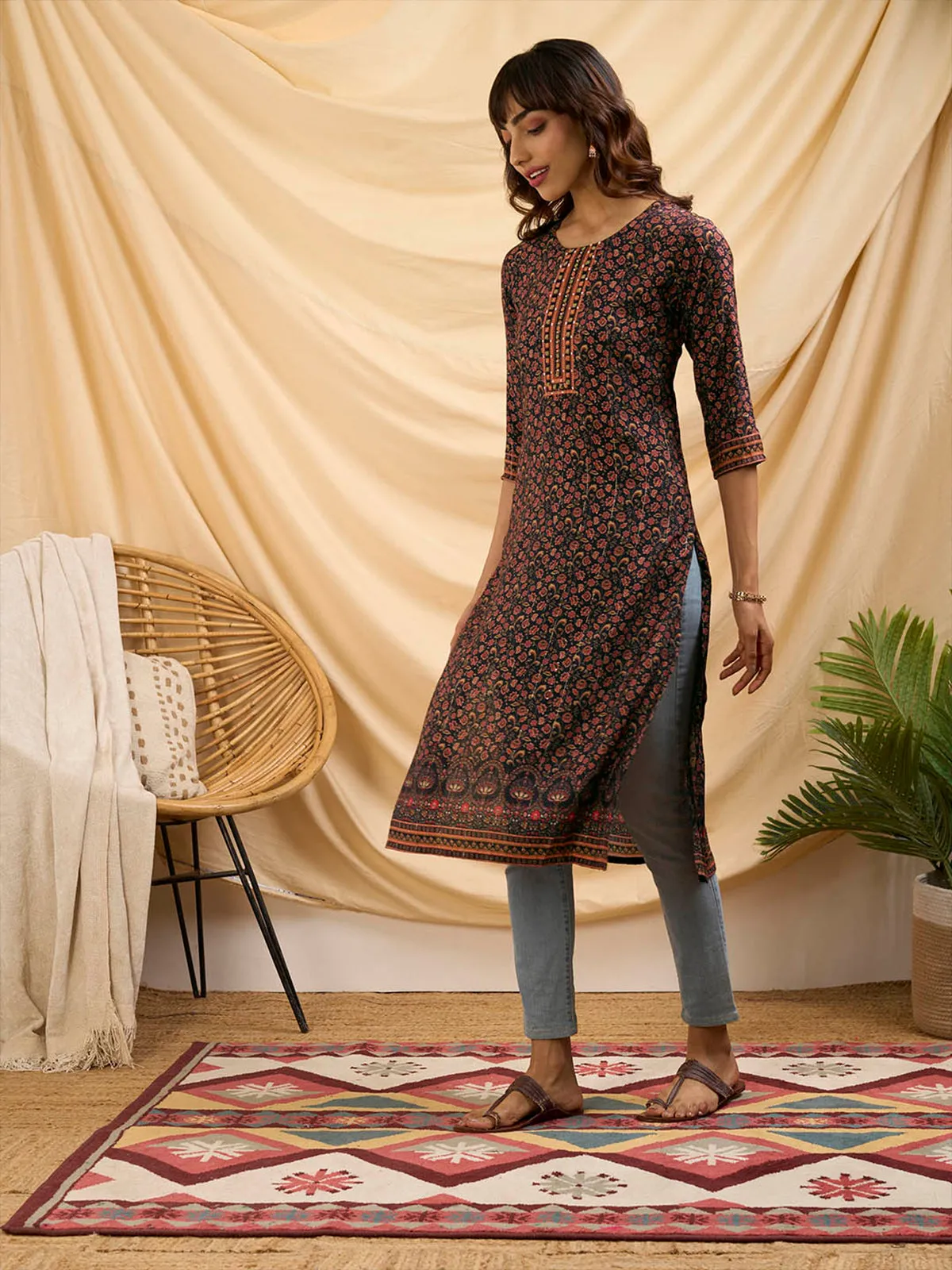 Odette Black Muslin Printed Stitched Kurta for Women