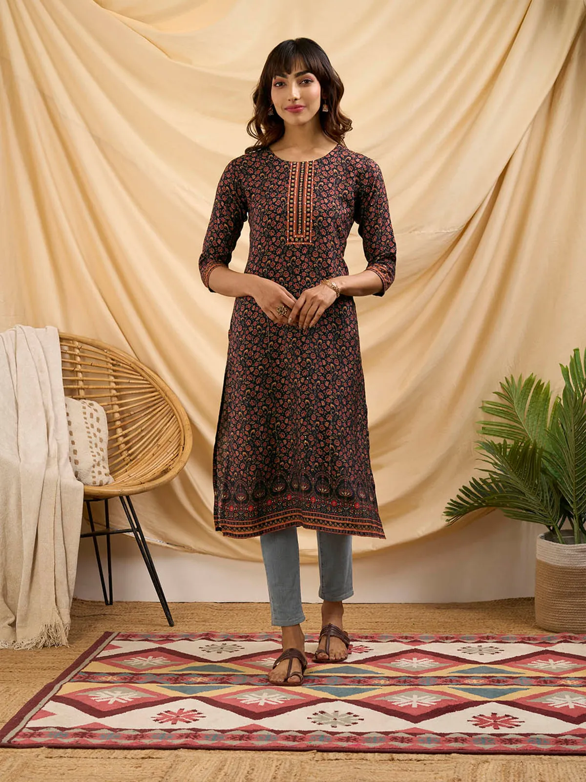 Odette Black Muslin Printed Stitched Kurta for Women