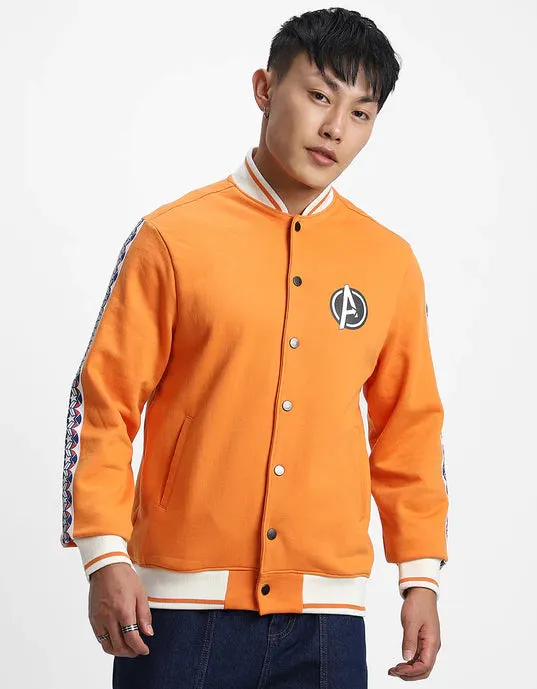 Orange Pocket Typographic Printed Varsity Jacket