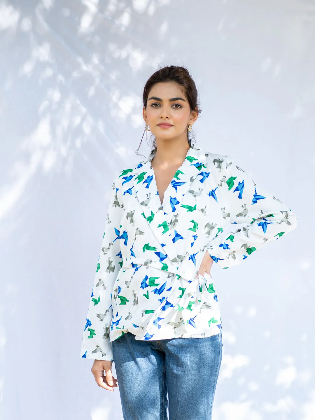 Origami Print Kimono Shirt With Belt