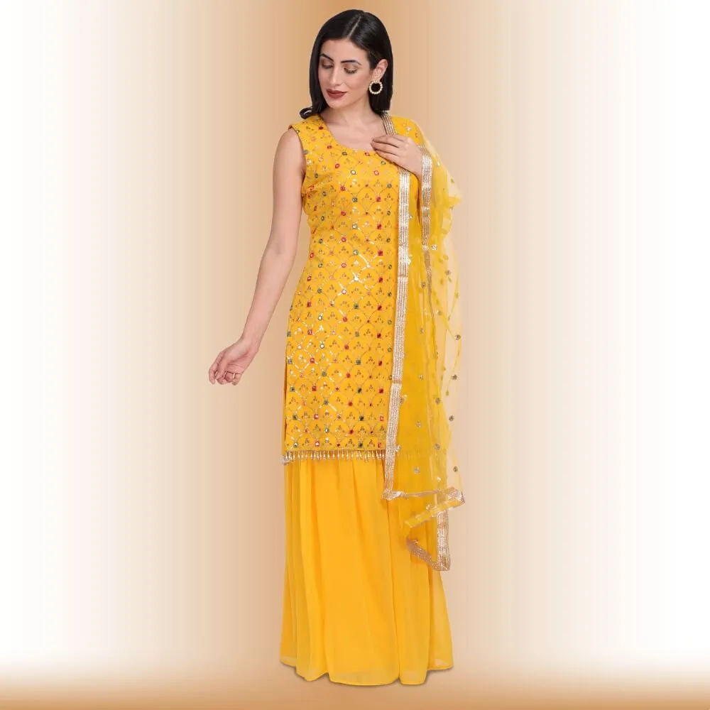 Palazzo dress with  Resham Embroidery - Yellow