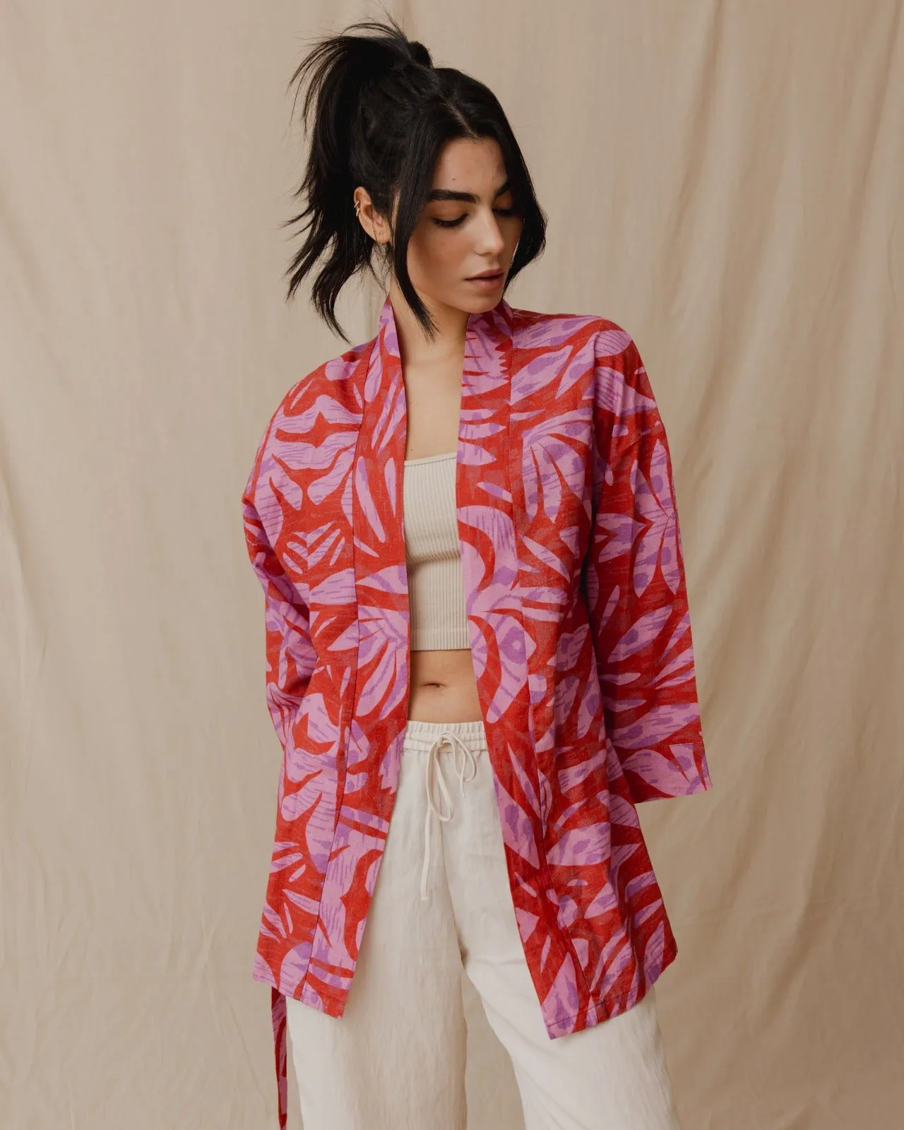 Palm Leaves Linen Kimono Burgundy X Purple