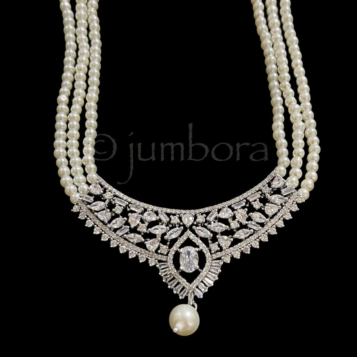 Pearl Necklace & Earrings with AD Zircon (CZ) Pendant