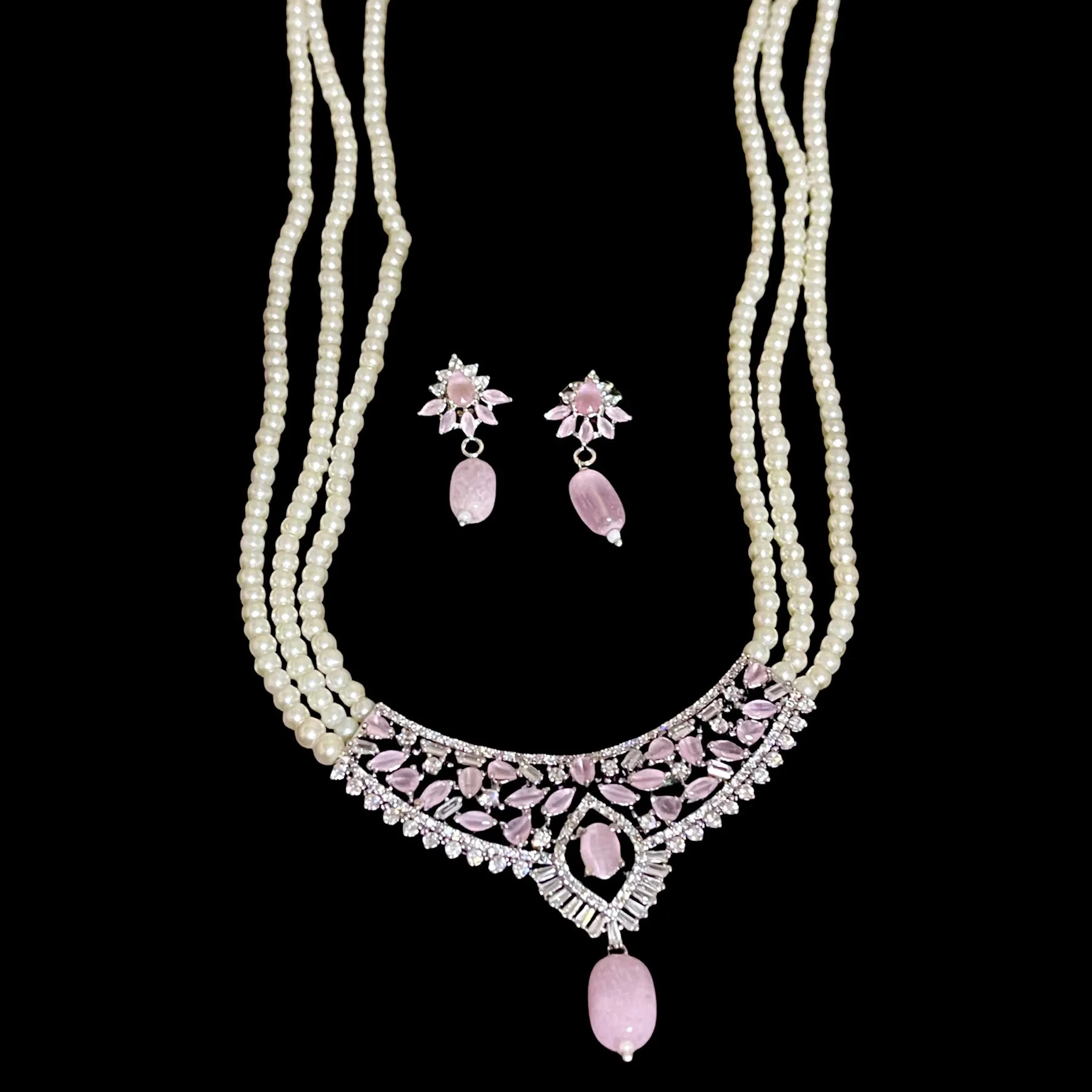 Pearl Necklace & Earrings with AD Zircon (CZ) Pendant