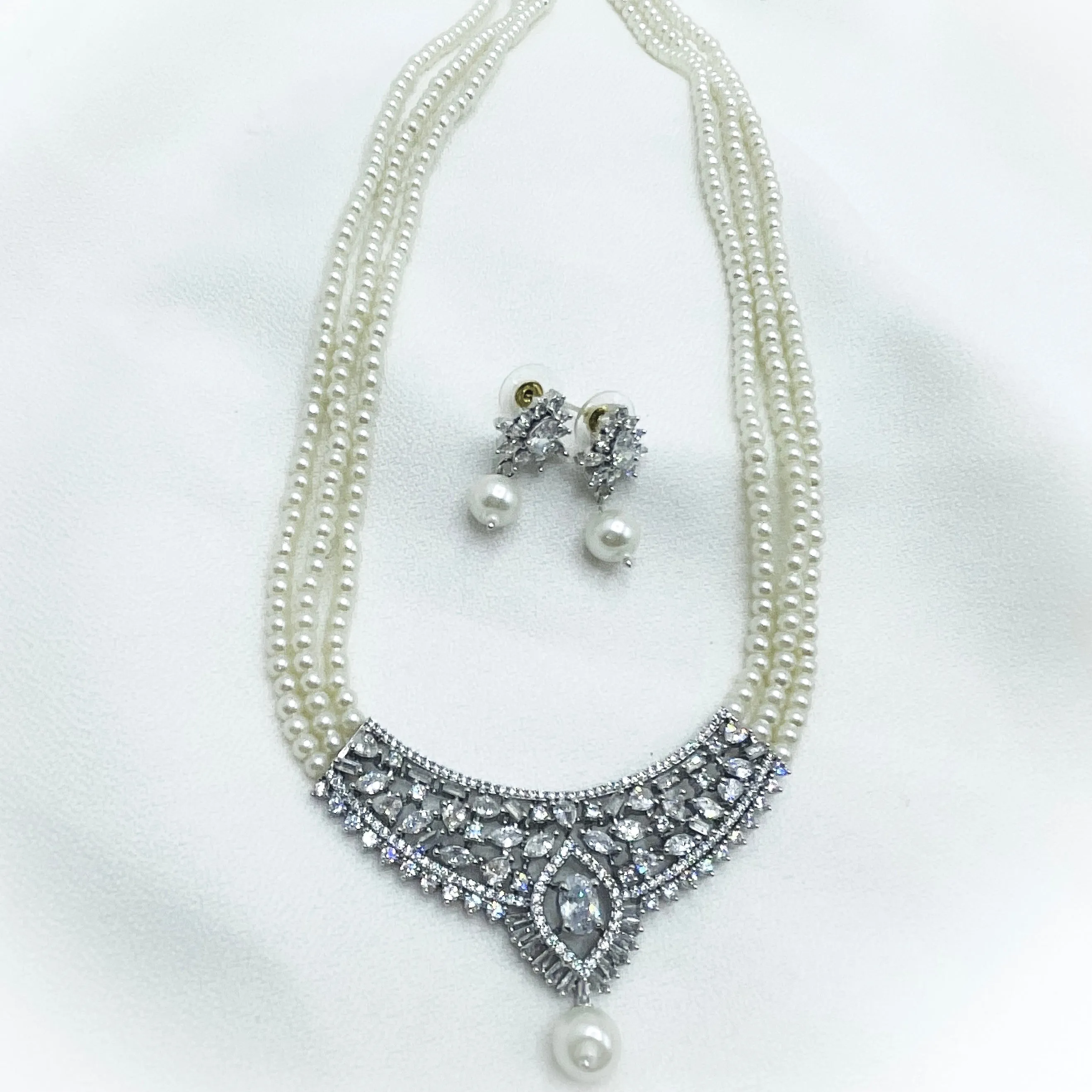 Pearl Necklace & Earrings with AD Zircon (CZ) Pendant