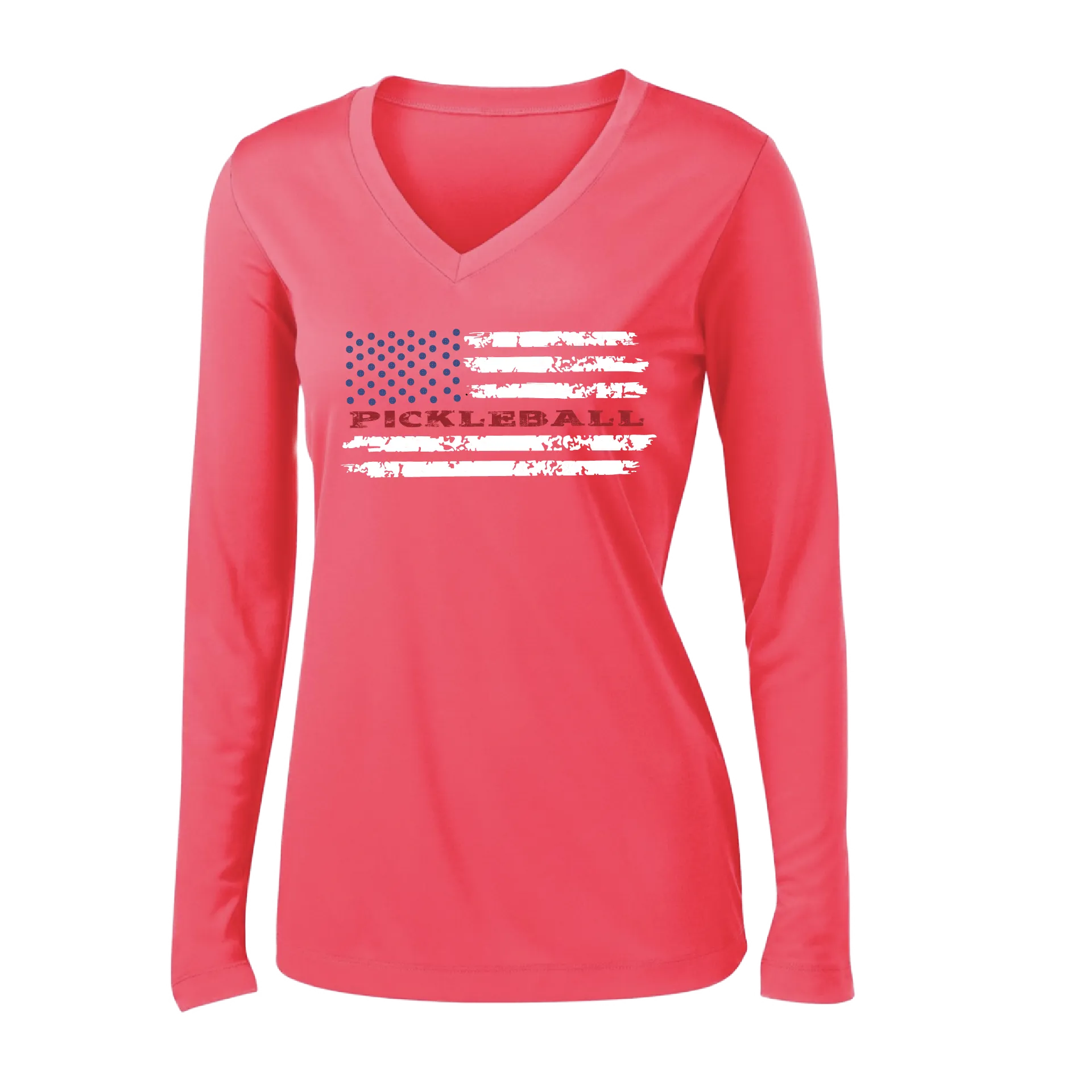 Pickleball Flag Horizontal (Customizable) | Women's Long Sleeve V-Neck Pickleball Shirts | 100% Polyester