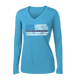 Pickleball Flag Horizontal (Customizable) | Women's Long Sleeve V-Neck Pickleball Shirts | 100% Polyester