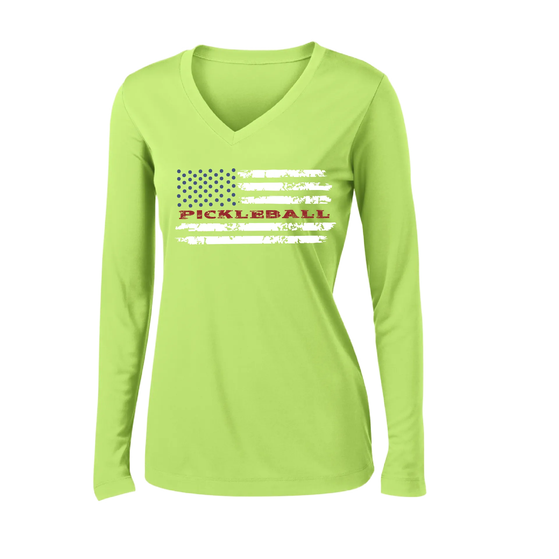 Pickleball Flag Horizontal (Customizable) | Women's Long Sleeve V-Neck Pickleball Shirts | 100% Polyester