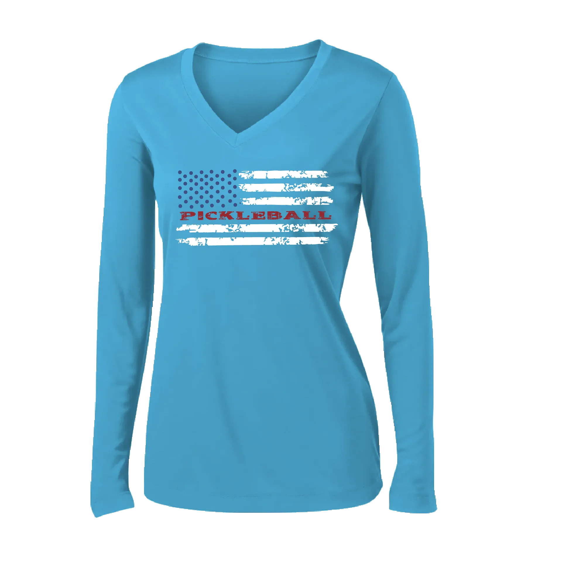 Pickleball Flag Horizontal (Customizable) | Women's Long Sleeve V-Neck Pickleball Shirts | 100% Polyester