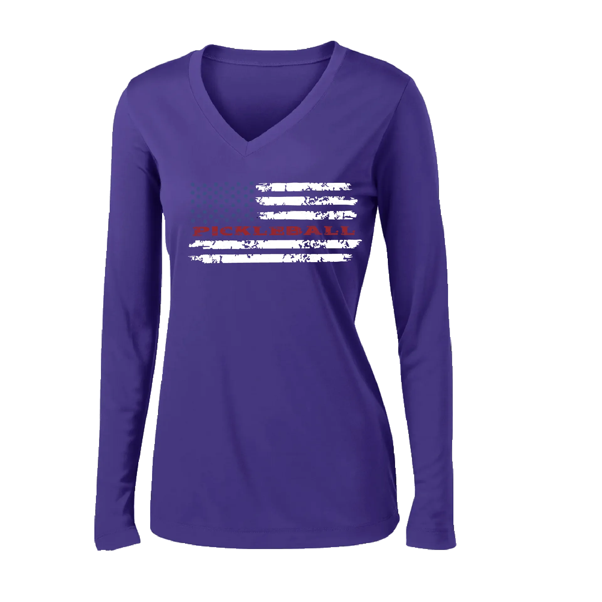 Pickleball Flag Horizontal (Customizable) | Women's Long Sleeve V-Neck Pickleball Shirts | 100% Polyester