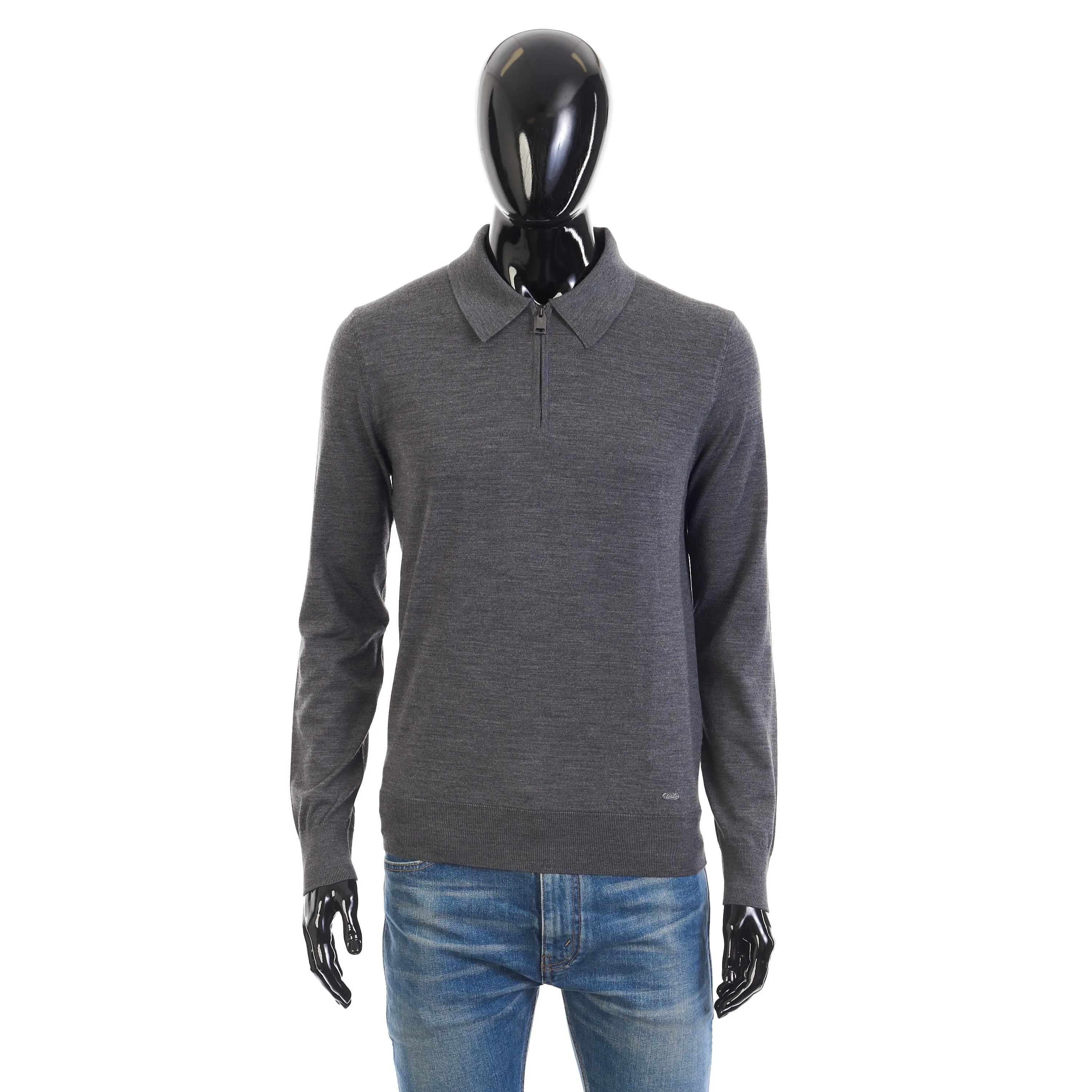 Polo Sweater With Metal Zip In Gray Wool