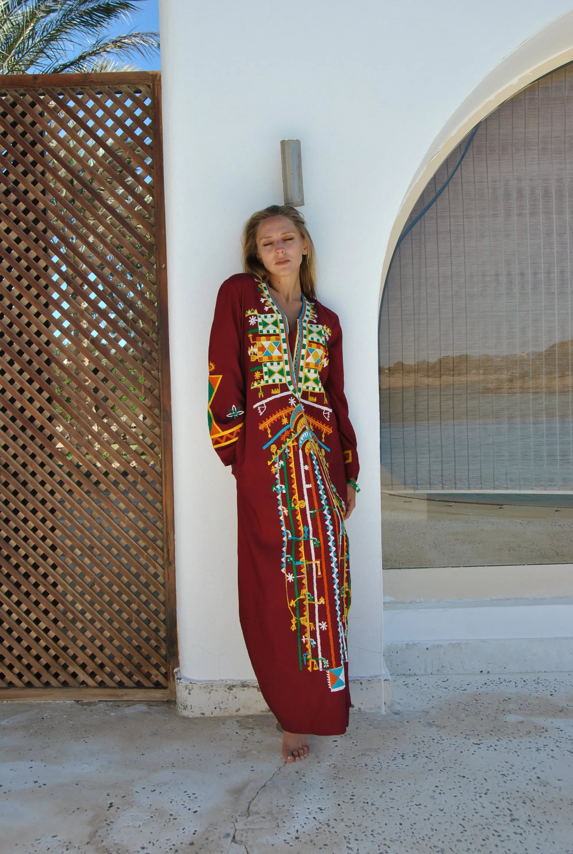 Siwa Burgundy embroidered cotton Caftan with pocket, embroidered caftan dress, Caftan dress, Caftan maxi dress, Caftans for women, Caftans