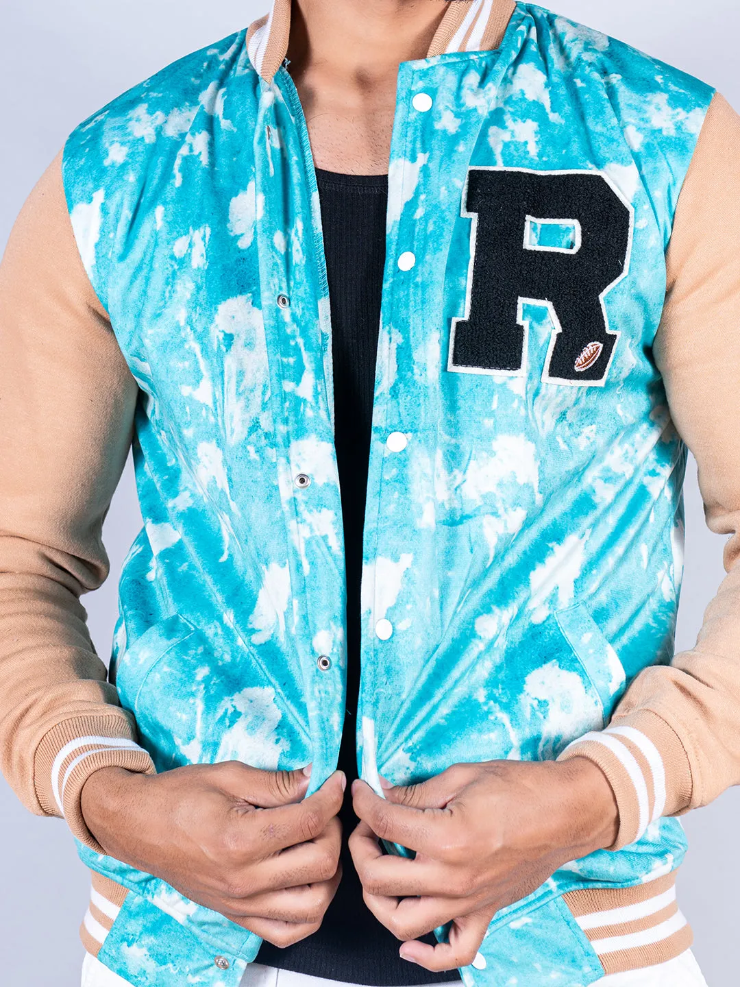 Sky Blue R Tie Dye Varsity Jacket