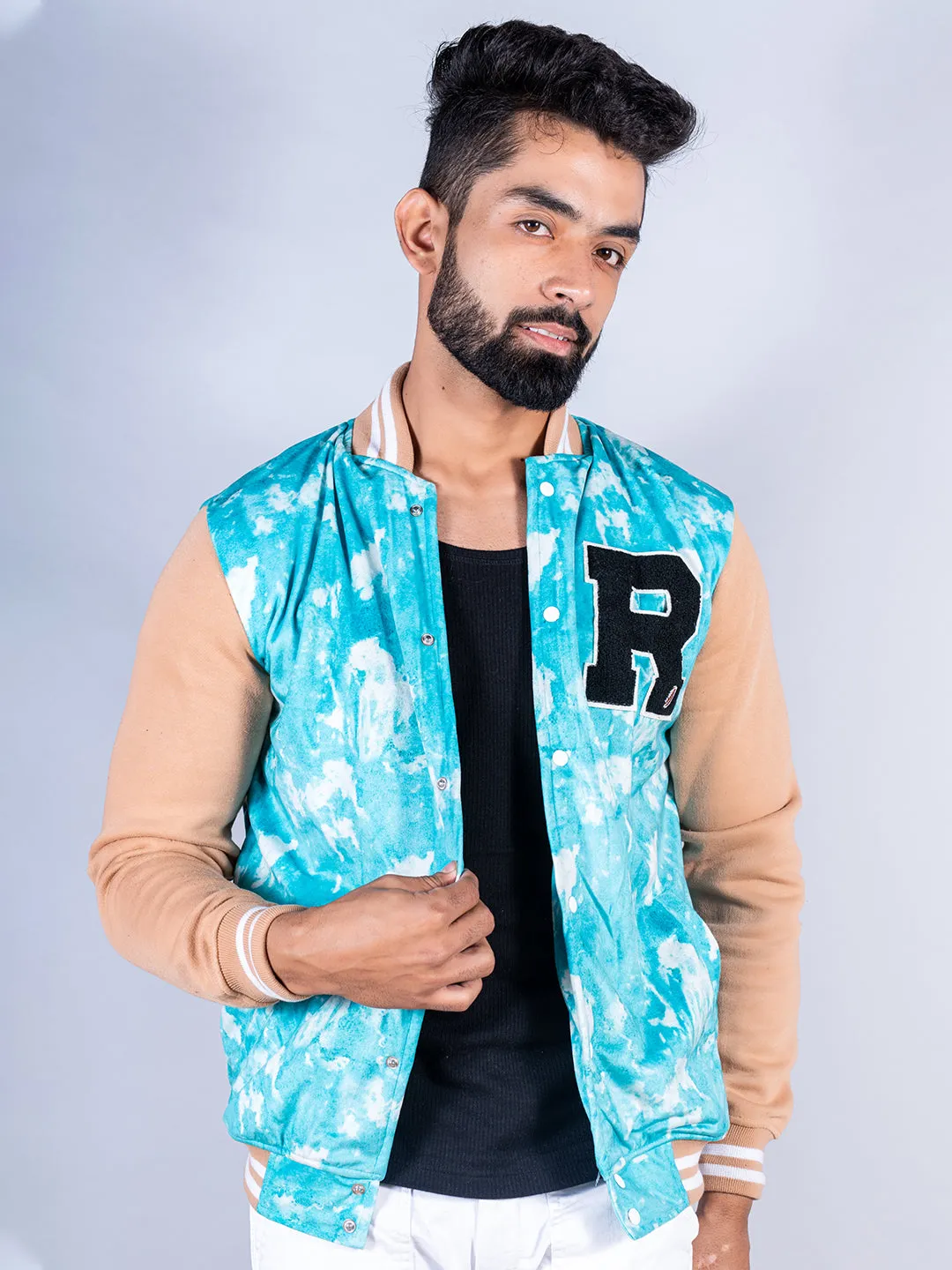 Sky Blue R Tie Dye Varsity Jacket