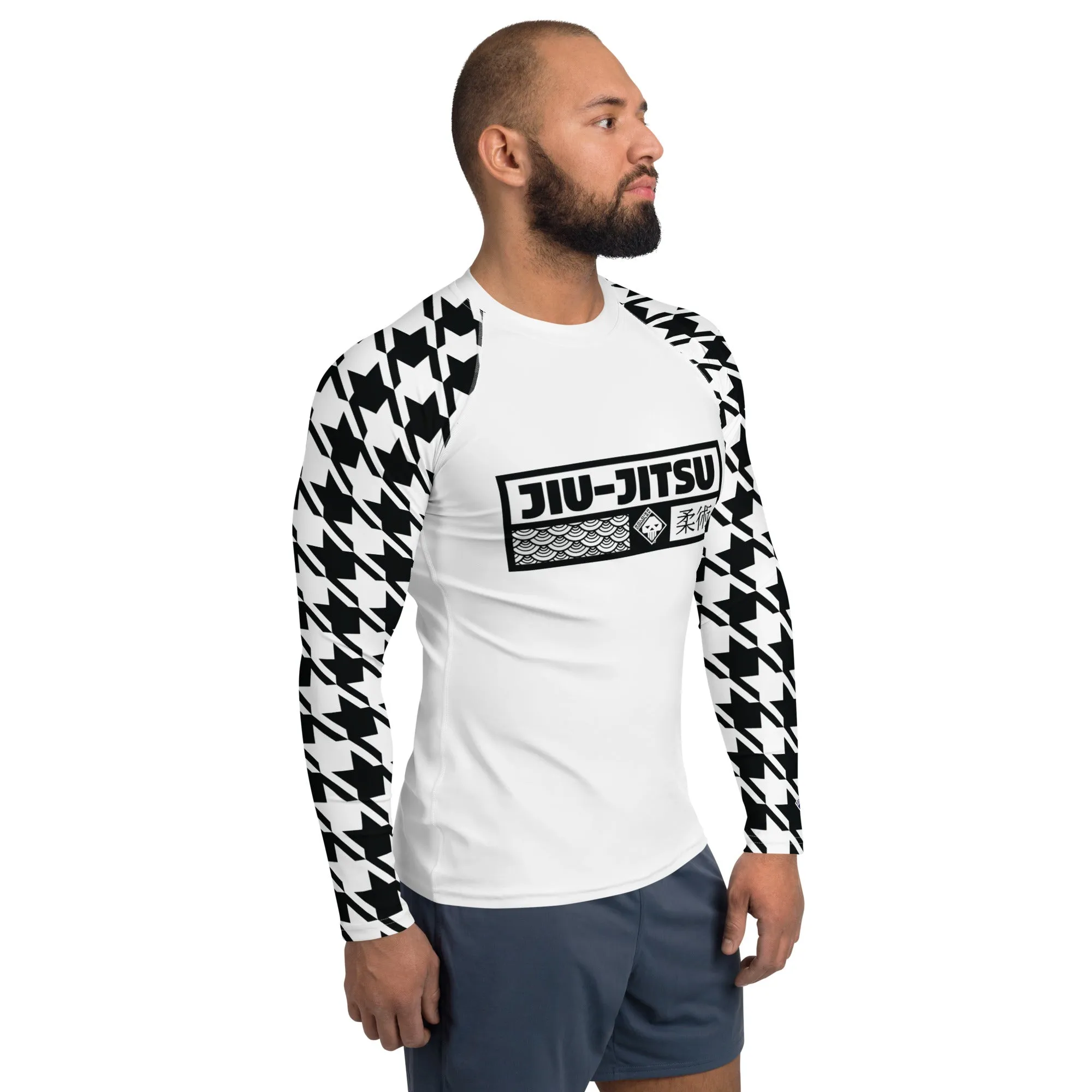 Sleek Style: Long Sleeve Jiu-Jitsu Houndstooth BJJ Rash Guard for Men Blanc