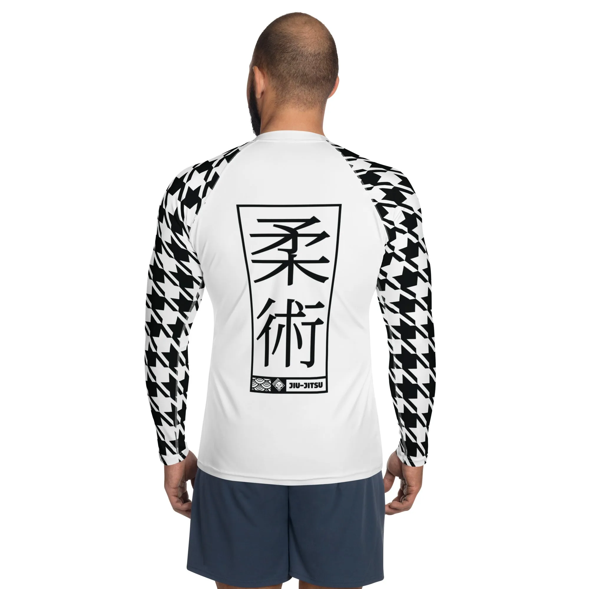 Sleek Style: Long Sleeve Jiu-Jitsu Houndstooth BJJ Rash Guard for Men Blanc