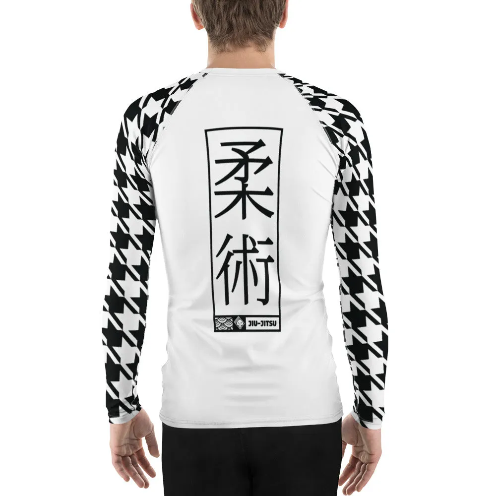 Sleek Style: Long Sleeve Jiu-Jitsu Houndstooth BJJ Rash Guard for Men Blanc