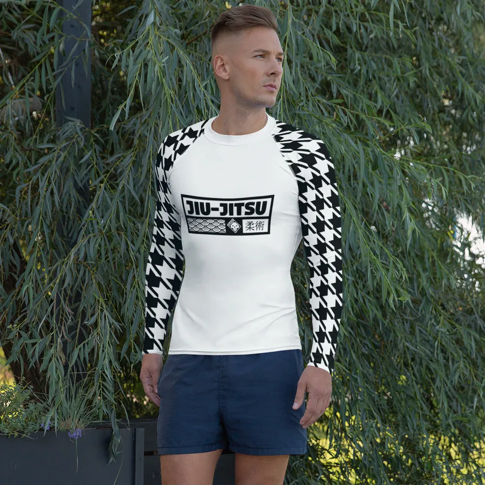 Sleek Style: Long Sleeve Jiu-Jitsu Houndstooth BJJ Rash Guard for Men Blanc