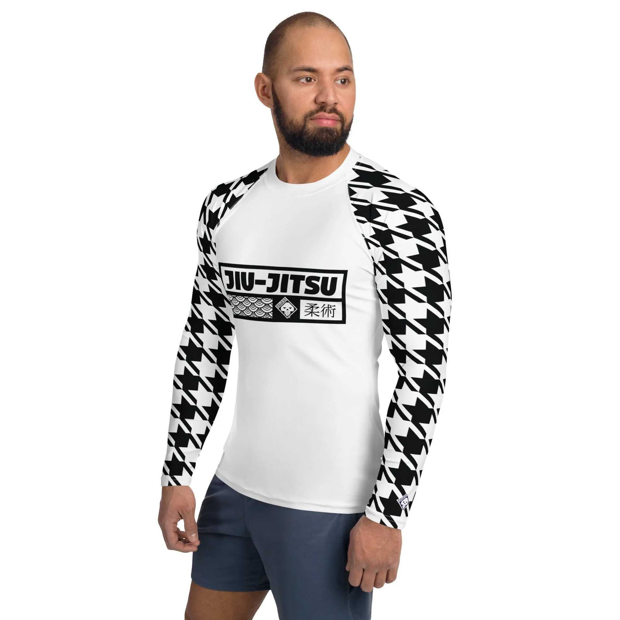 Sleek Style: Long Sleeve Jiu-Jitsu Houndstooth BJJ Rash Guard for Men Blanc