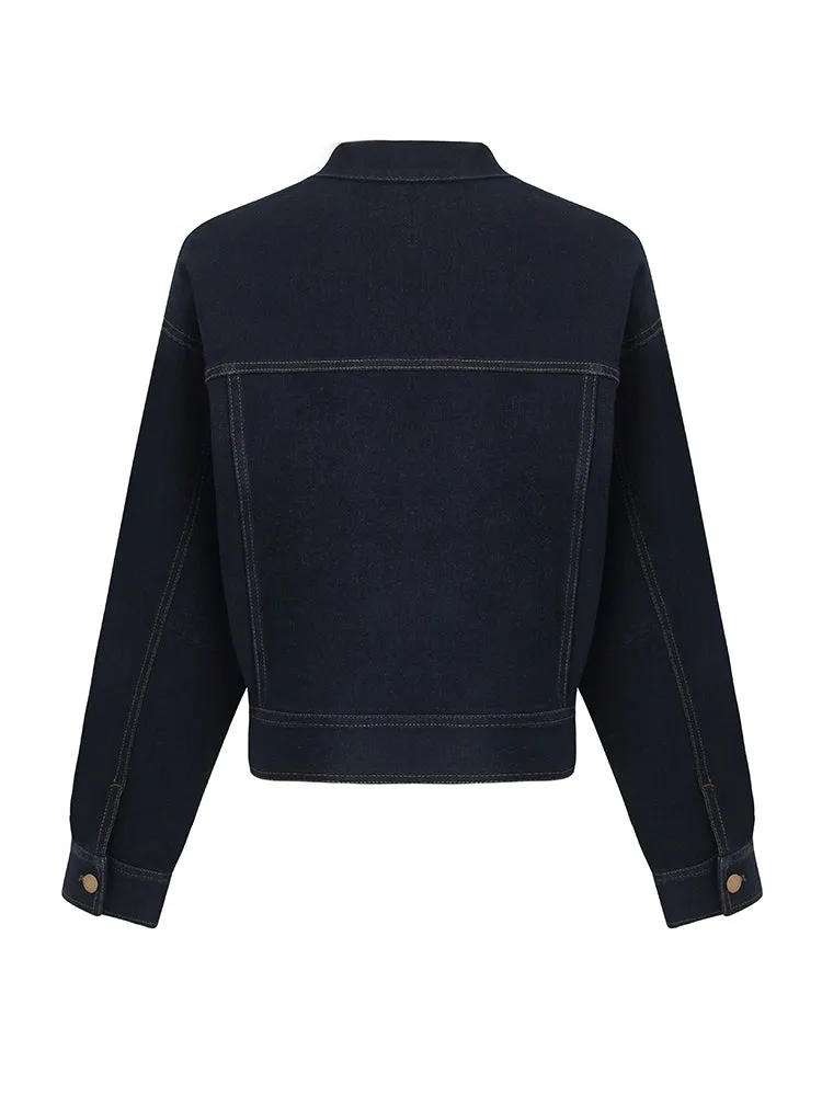 Stand Collar Denim Women Crop Jacket