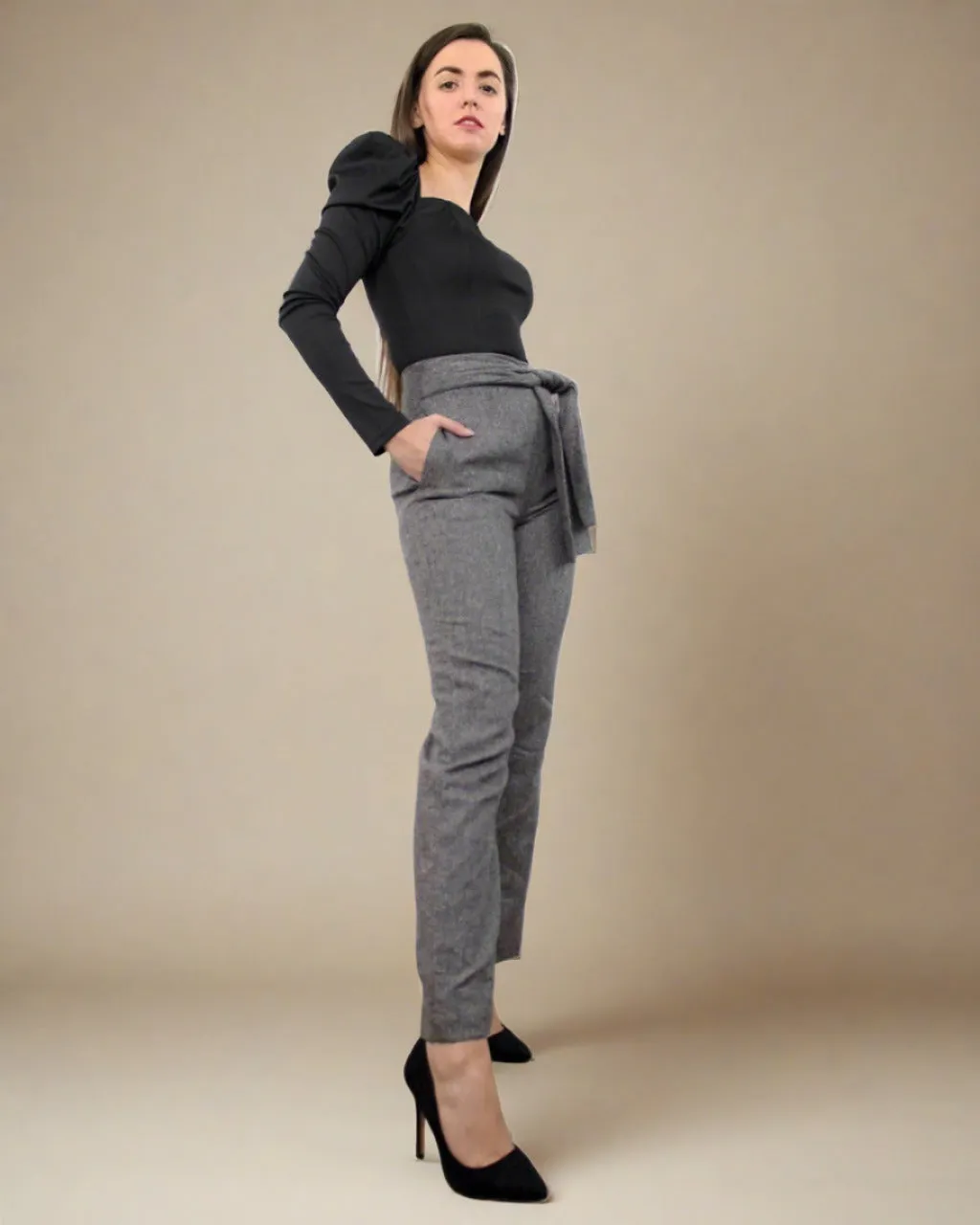 Thai Grey Trousers Women - Tailored High Waist Trousers with Pockets and Bow