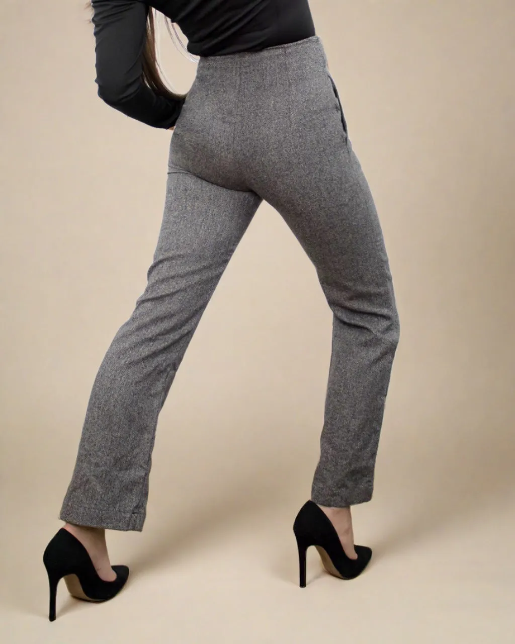 Thai Grey Trousers Women - Tailored High Waist Trousers with Pockets and Bow