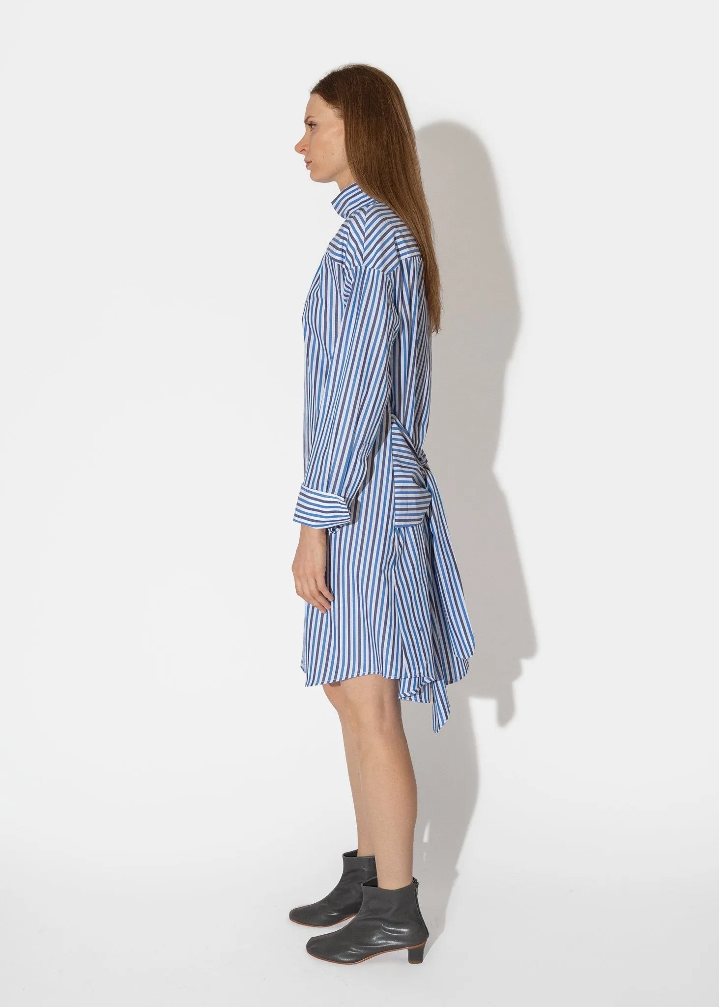 Tie Front Mock Shirtdress in Blue Multi