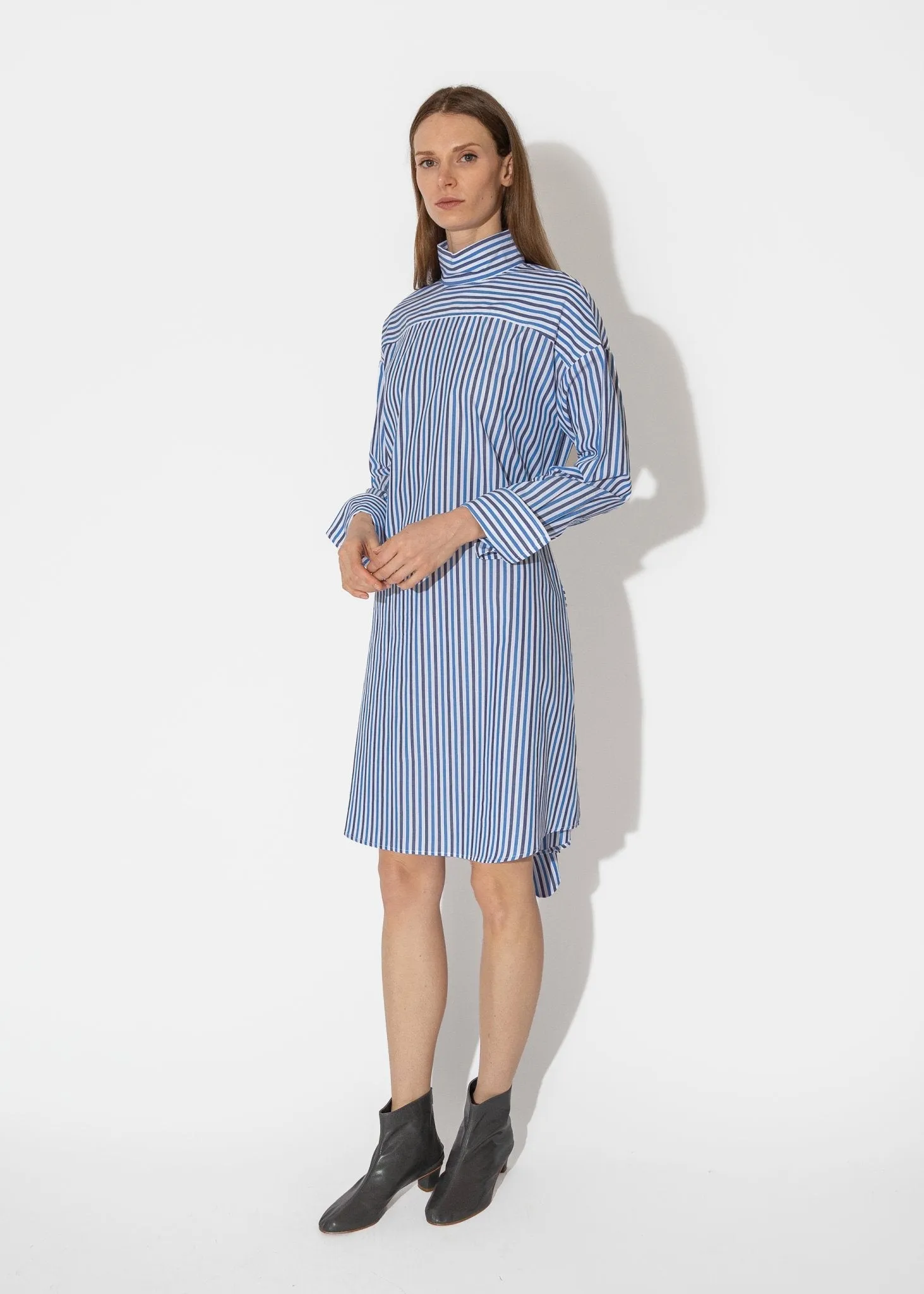 Tie Front Mock Shirtdress in Blue Multi