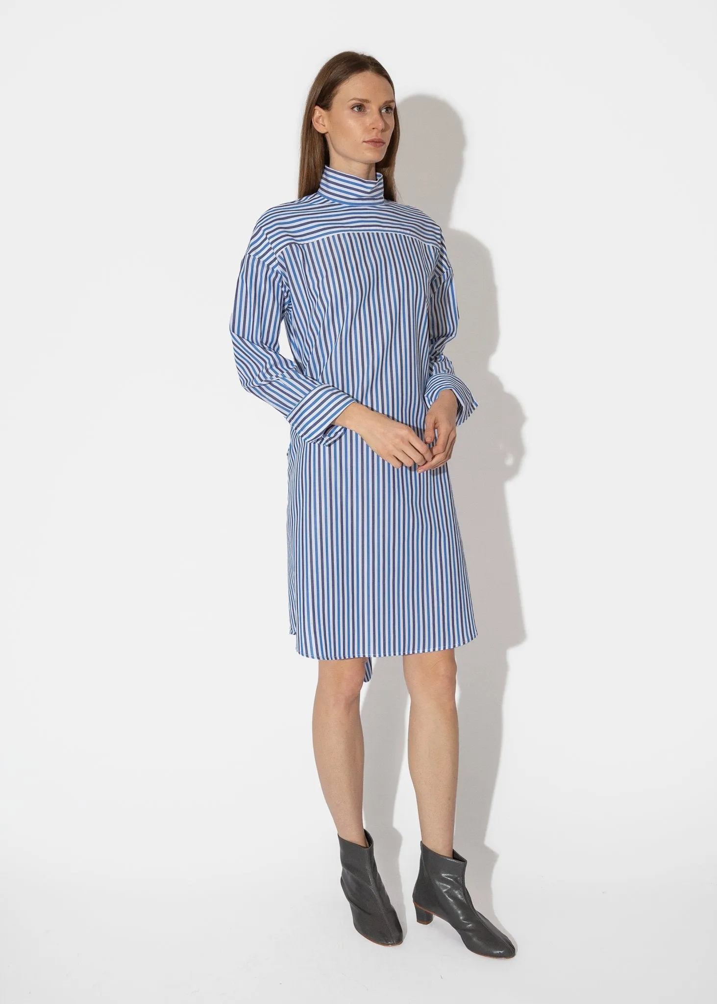 Tie Front Mock Shirtdress in Blue Multi