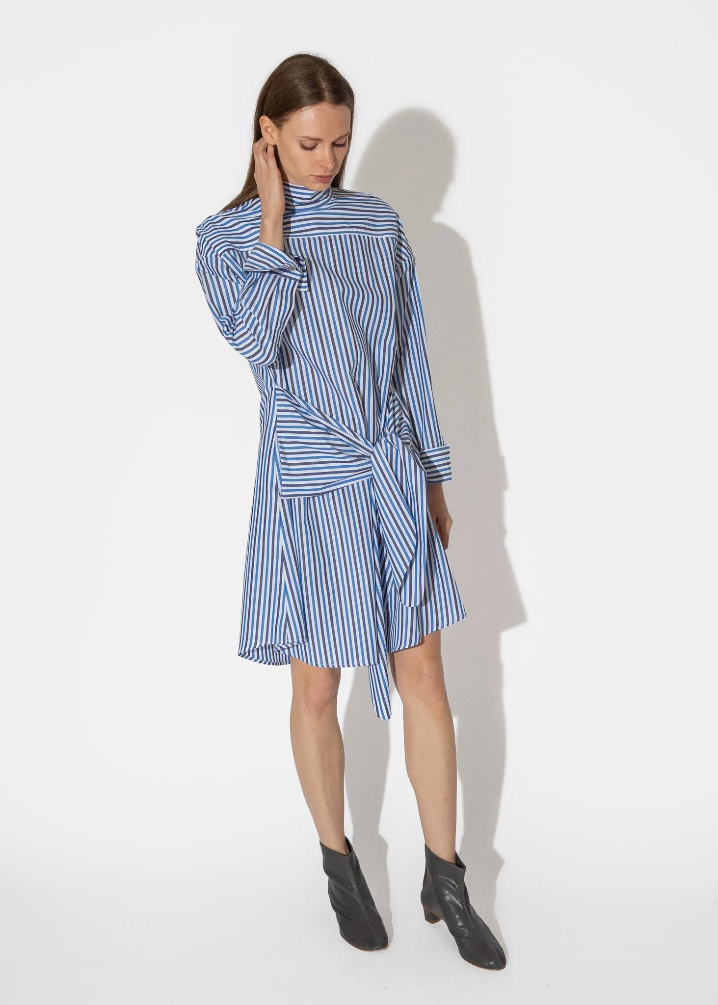 Tie Front Mock Shirtdress in Blue Multi