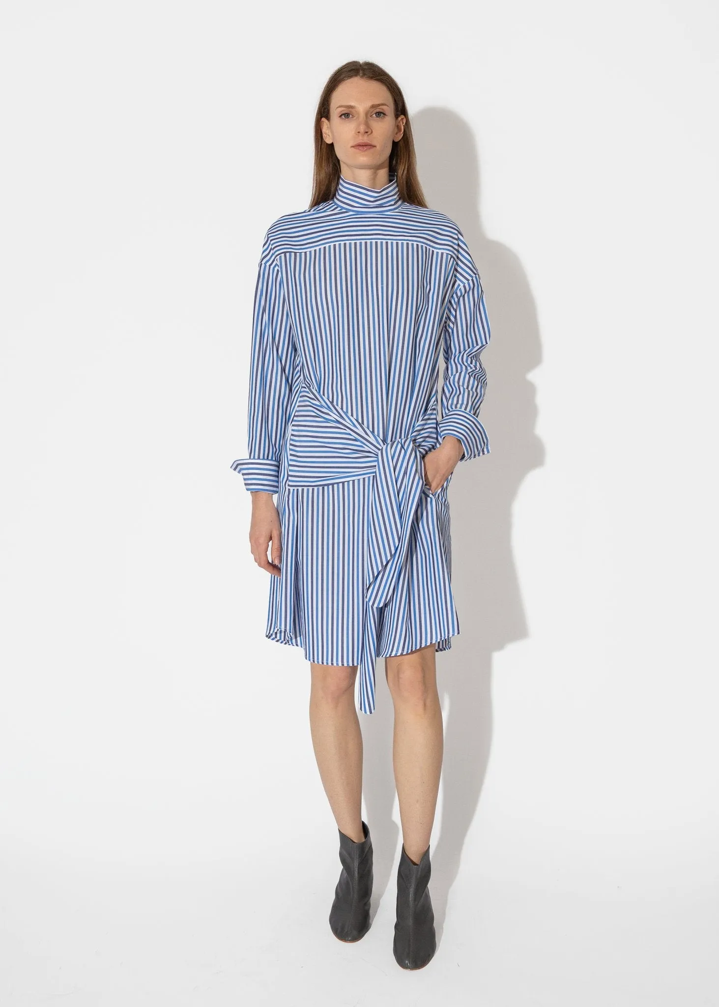 Tie Front Mock Shirtdress in Blue Multi