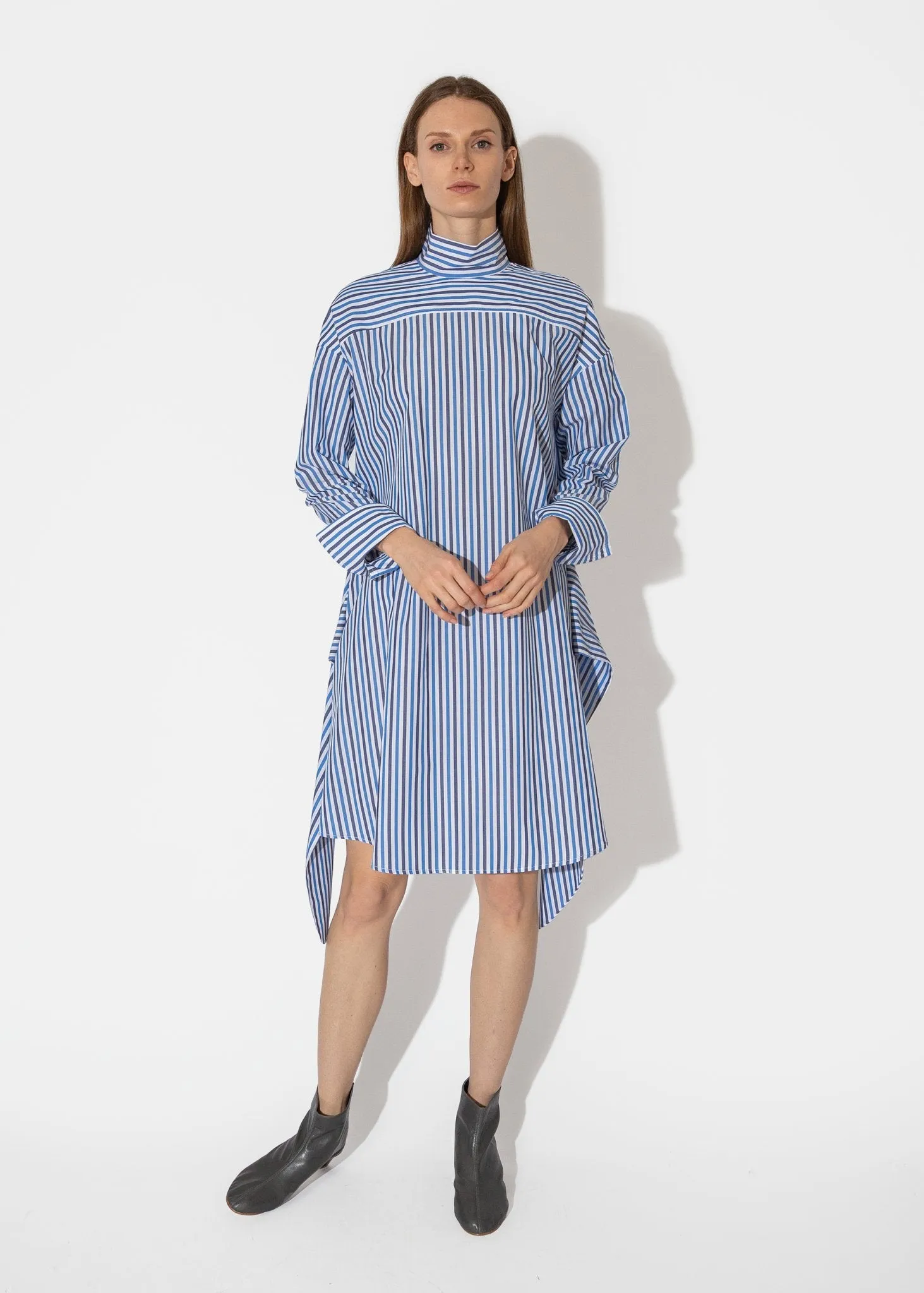 Tie Front Mock Shirtdress in Blue Multi