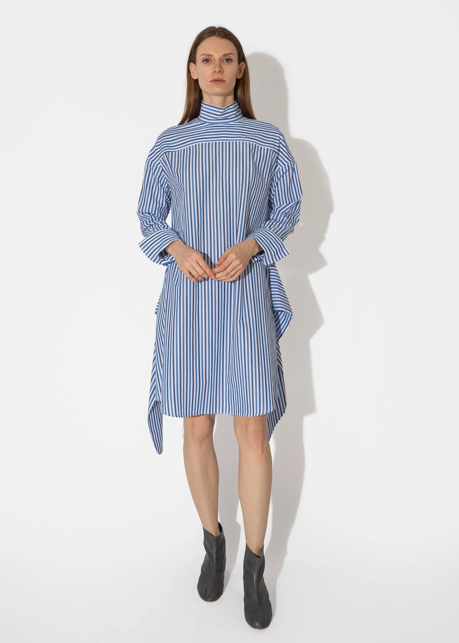 Tie Front Mock Shirtdress in Blue Multi