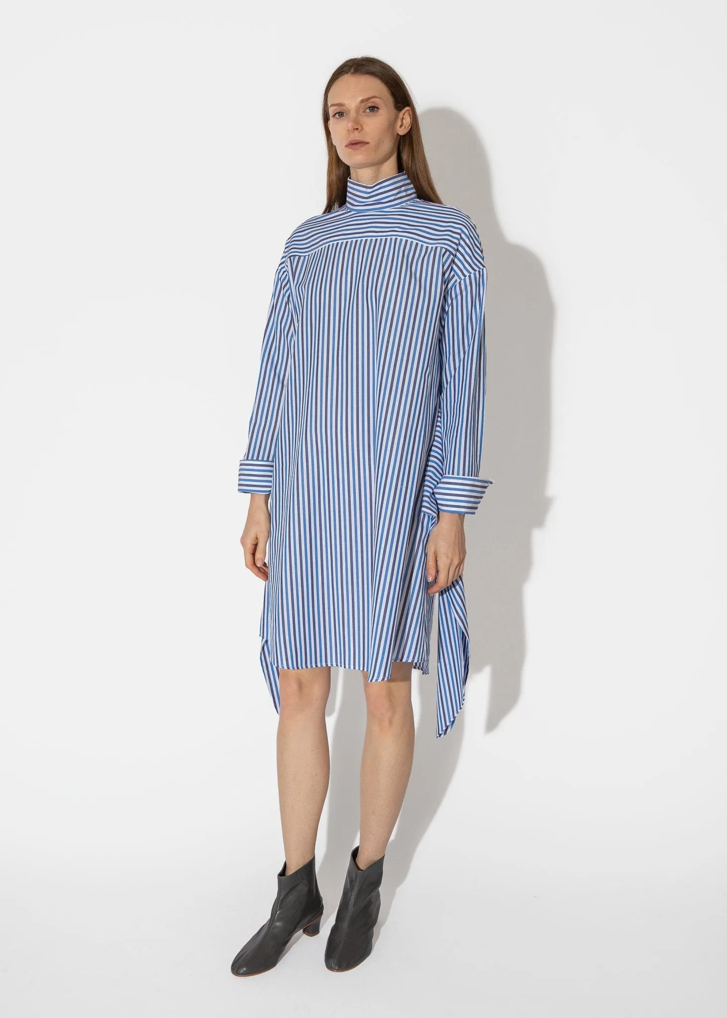 Tie Front Mock Shirtdress in Blue Multi