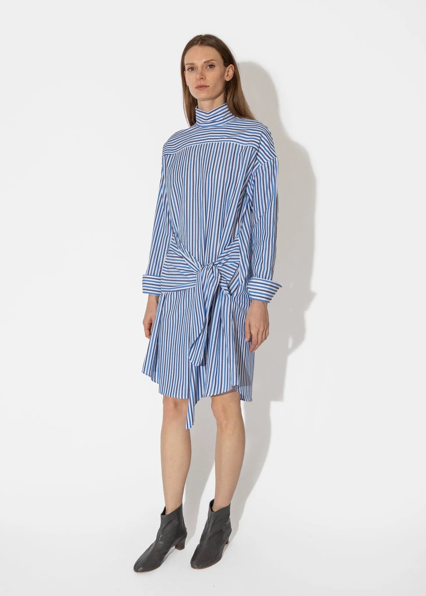 Tie Front Mock Shirtdress in Blue Multi