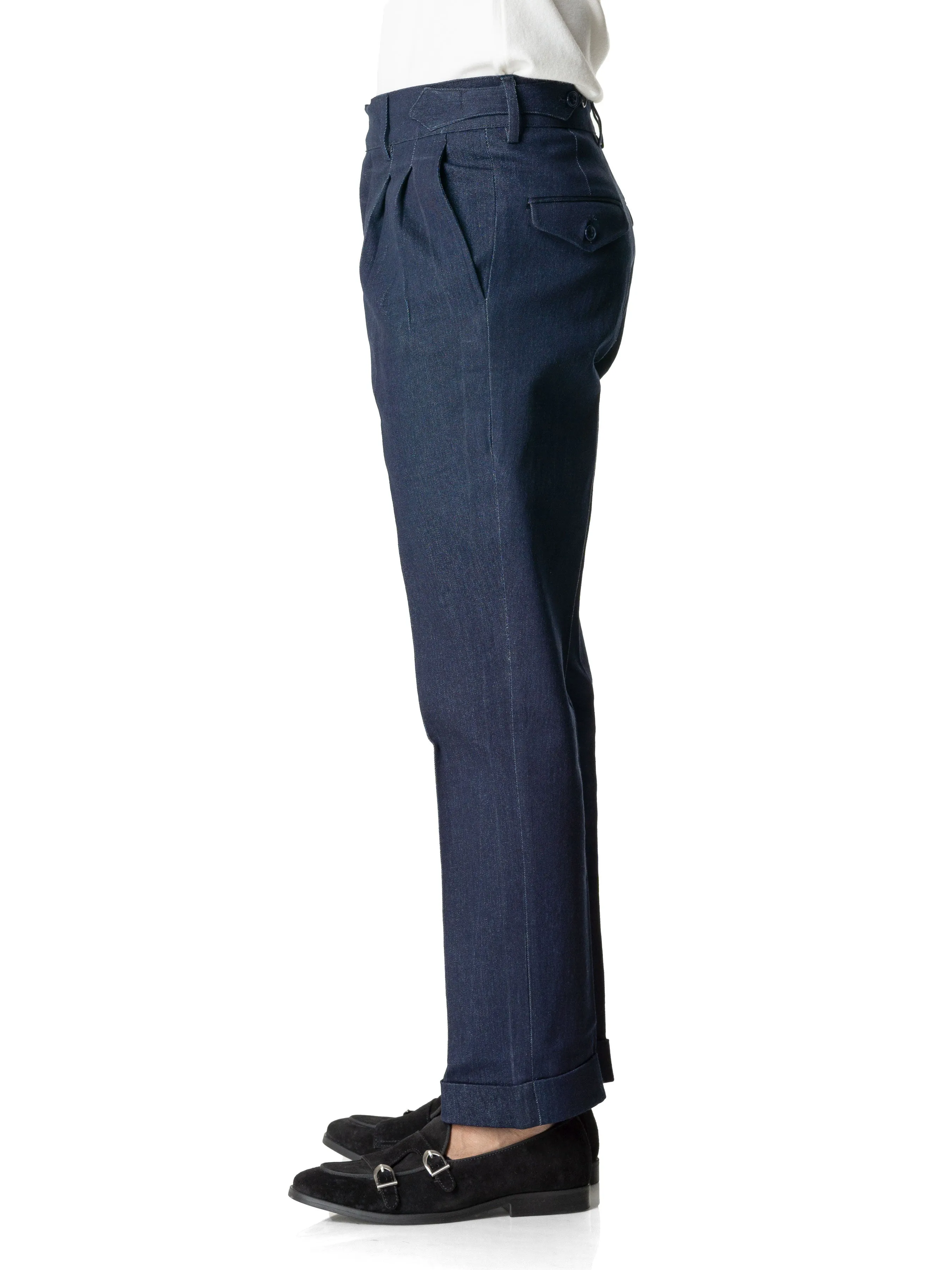 Trousers Belt Loop With Side Adjusters - Denim Dark Blue Cuffed (Stretchable)