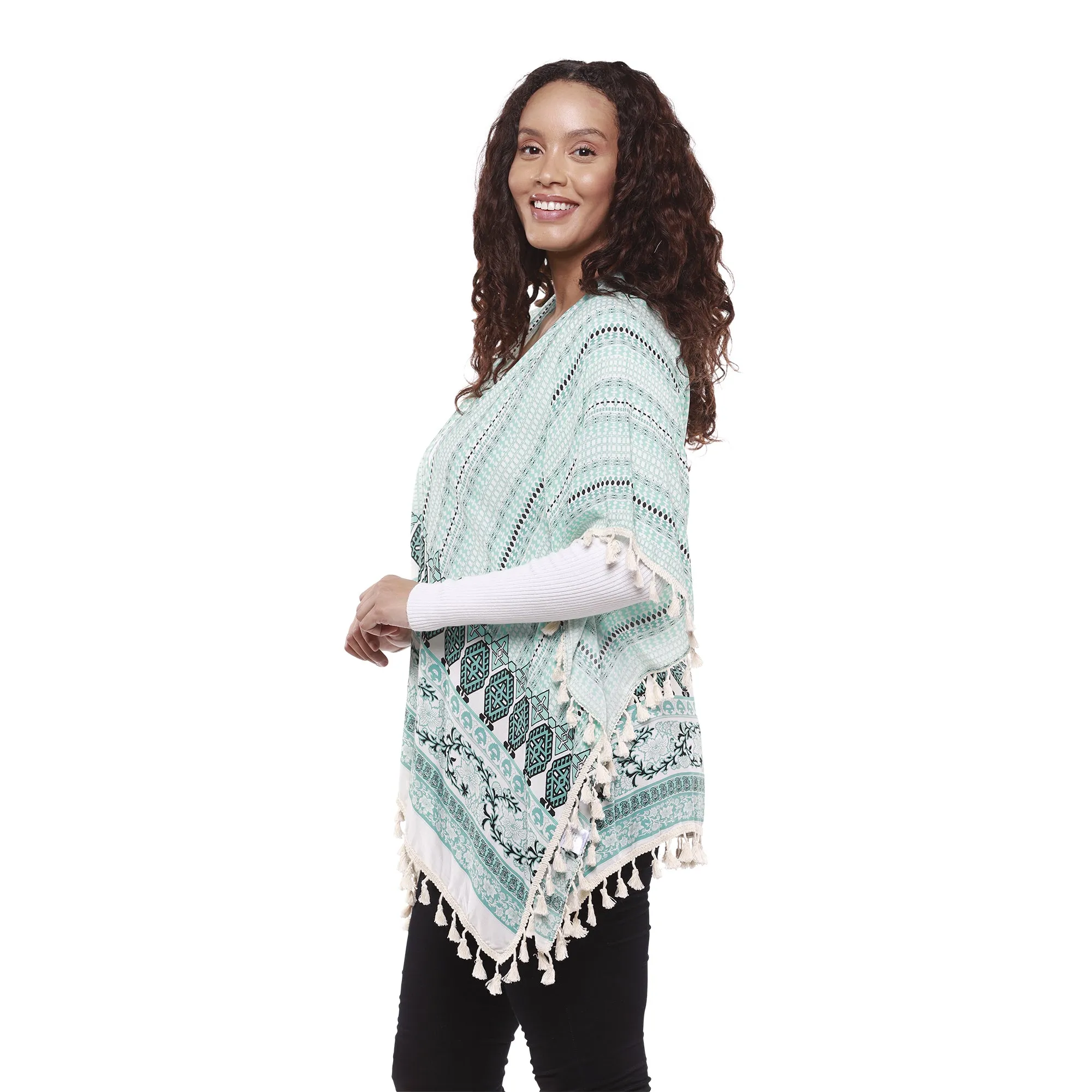 Turquoise Tassel Viscose Kimono