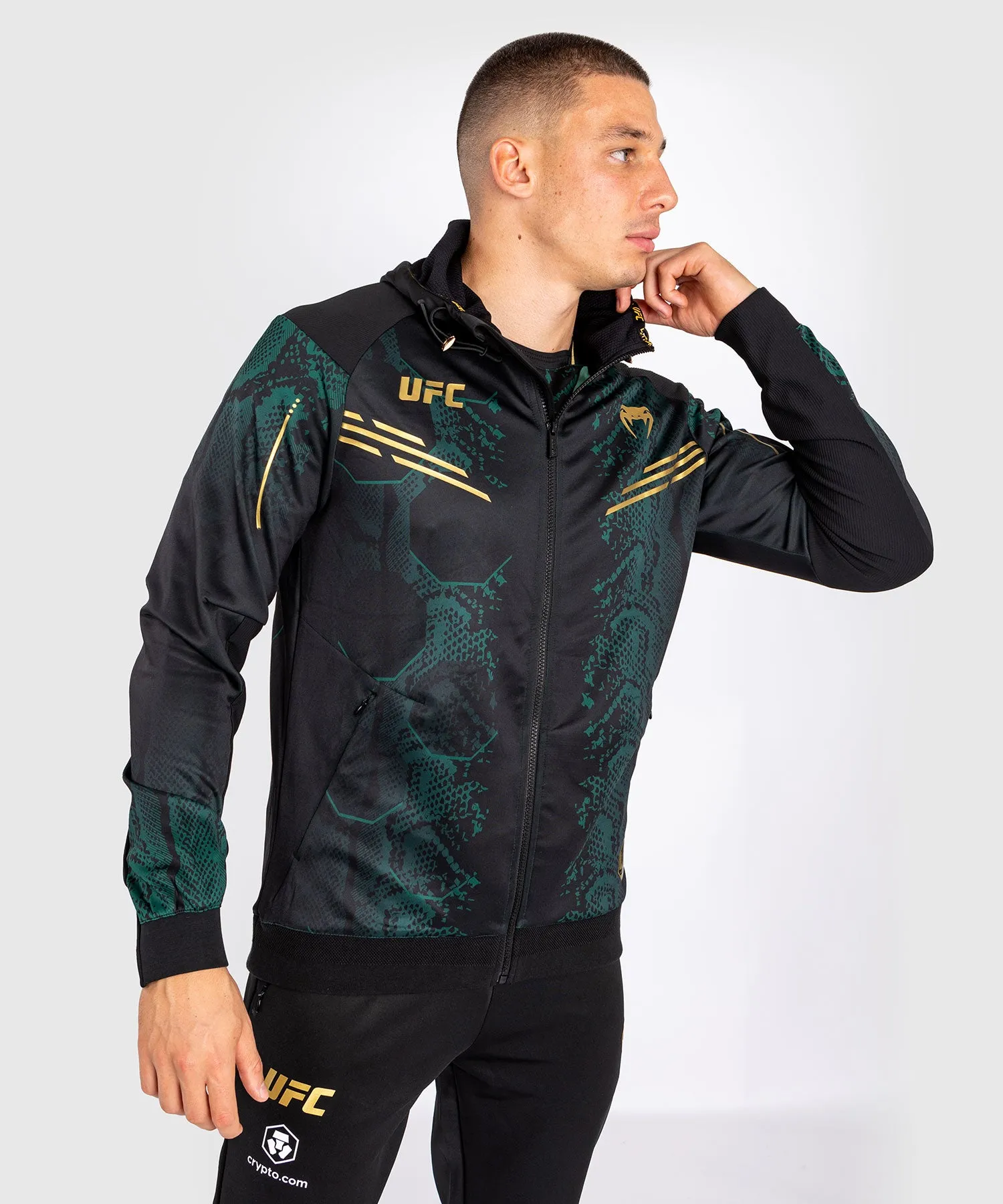 UFC Adrenaline by Venum Personalized Authentic Fight Night Men’s Walkout Hoodie - Emerald Edition - Green/Black/Gold