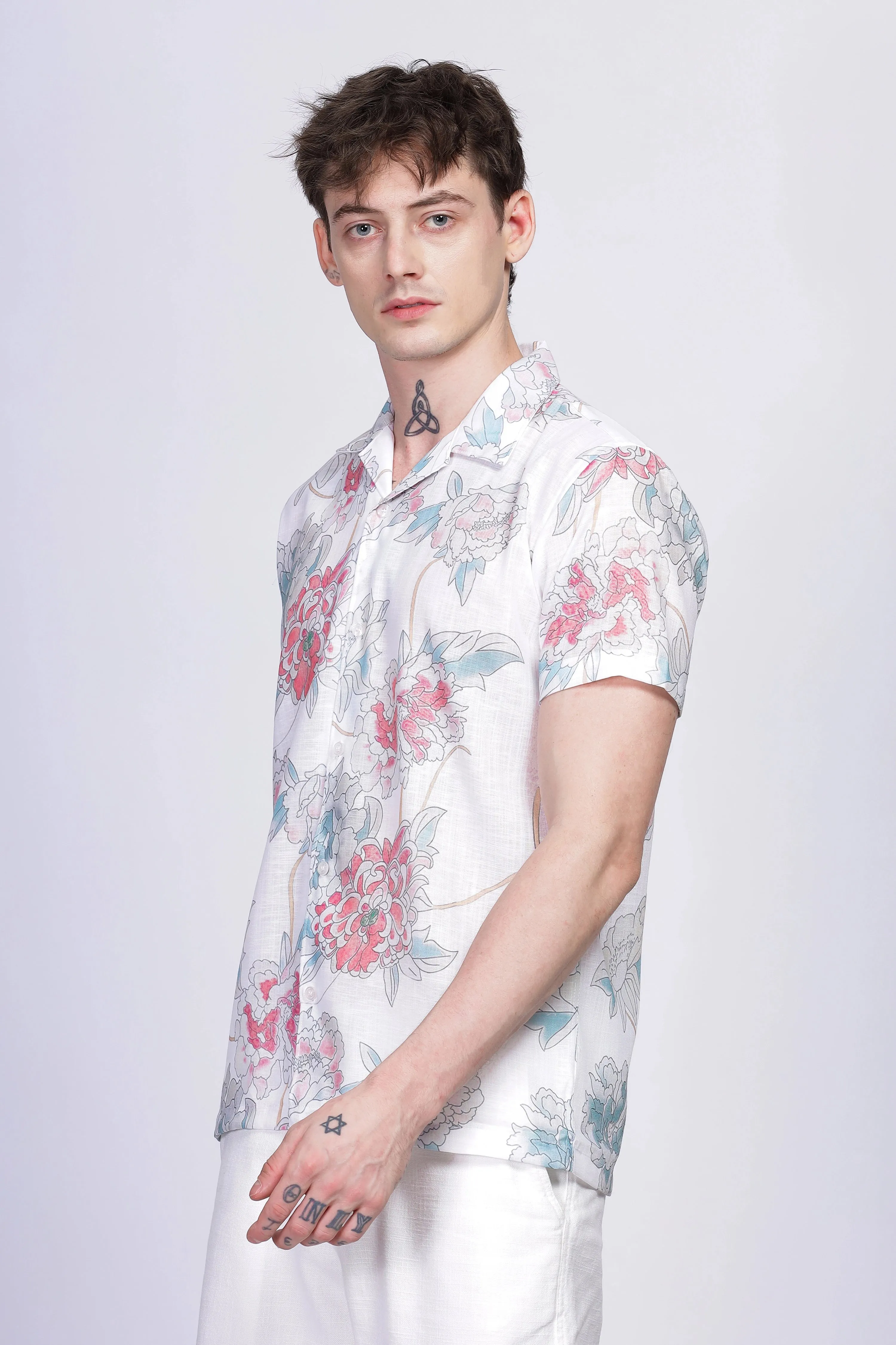 White floral printed linen shirt for men