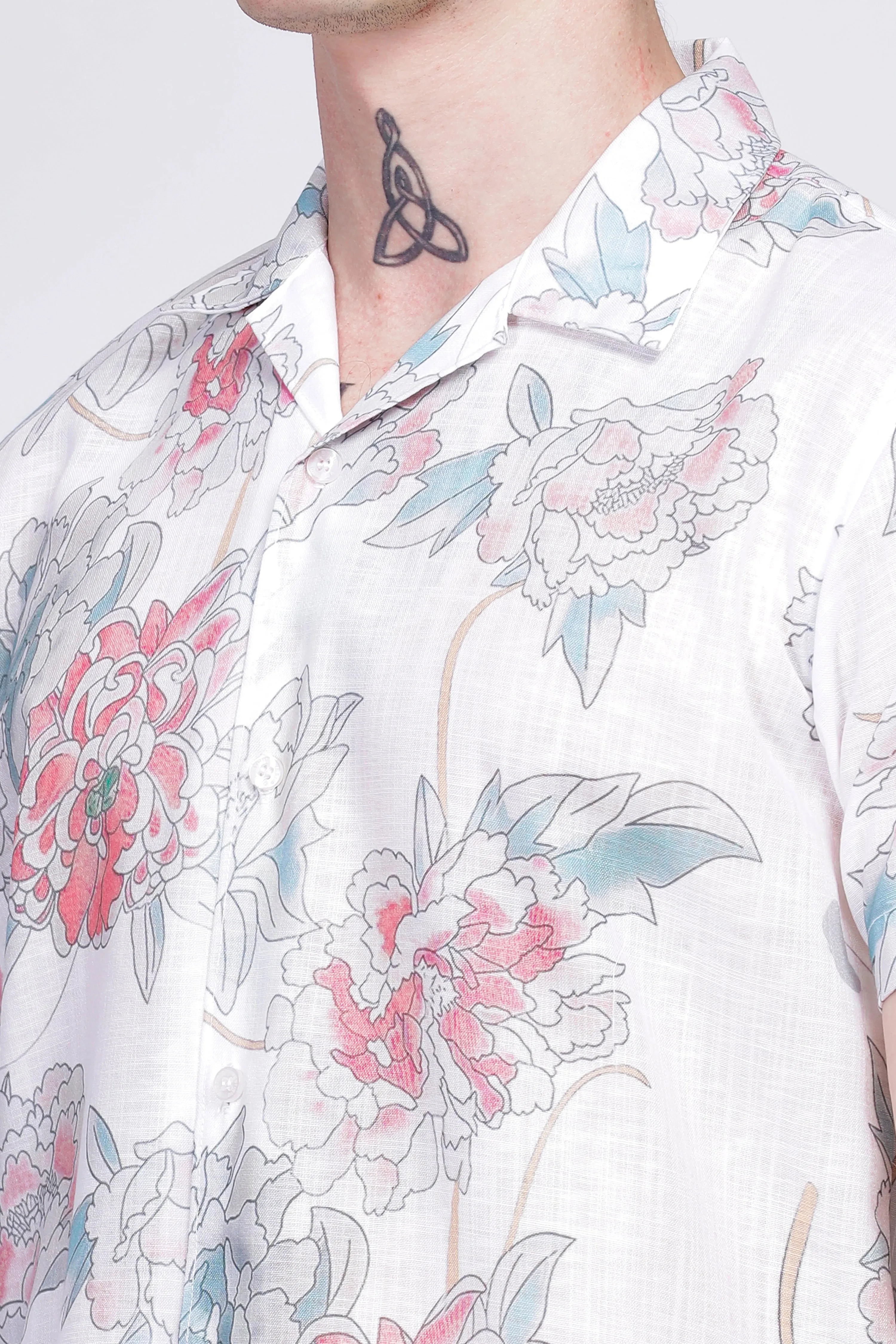 White floral printed linen shirt for men