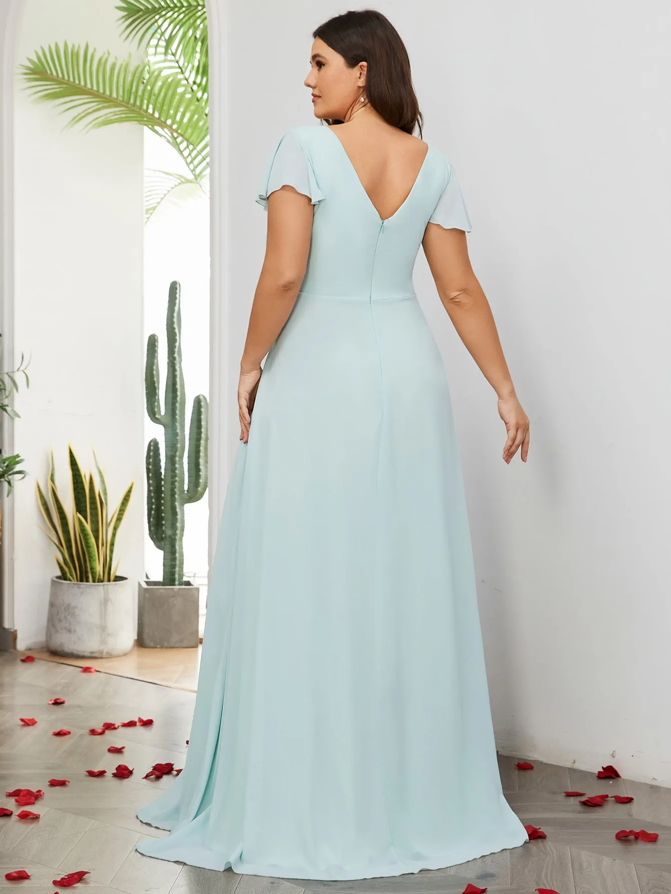 Women Plus Size V-neck Chiffon Split Thigh Ruffle Sleeve Bridesmaid Dresses