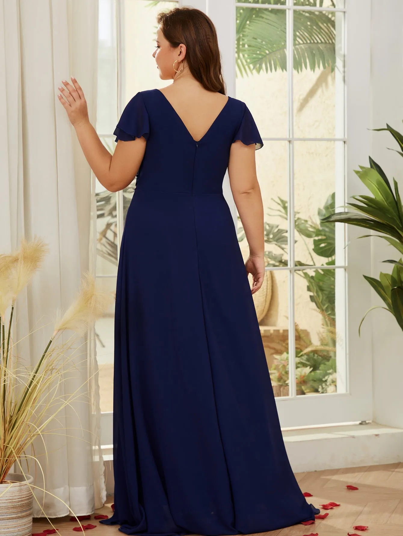 Women Plus Size V-neck Chiffon Split Thigh Ruffle Sleeve Bridesmaid Dresses