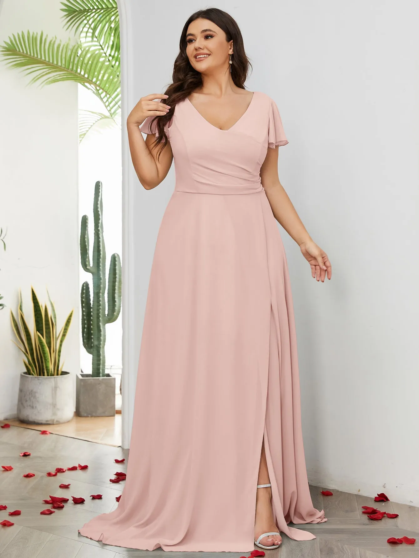 Women Plus Size V-neck Chiffon Split Thigh Ruffle Sleeve Bridesmaid Dresses