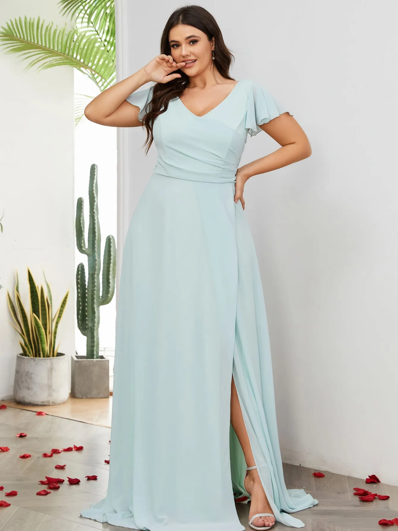 Women Plus Size V-neck Chiffon Split Thigh Ruffle Sleeve Bridesmaid Dresses