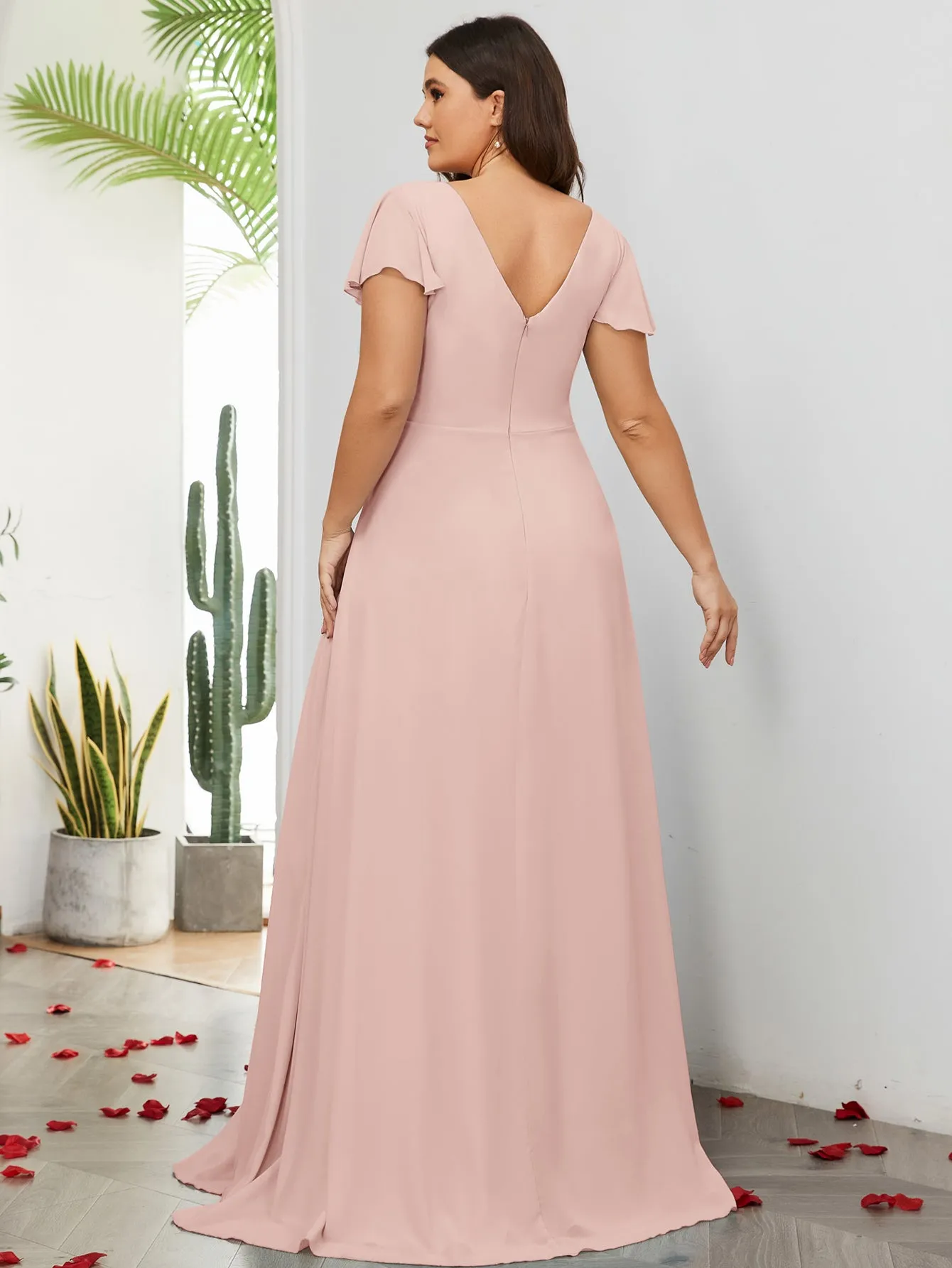 Women Plus Size V-neck Chiffon Split Thigh Ruffle Sleeve Bridesmaid Dresses